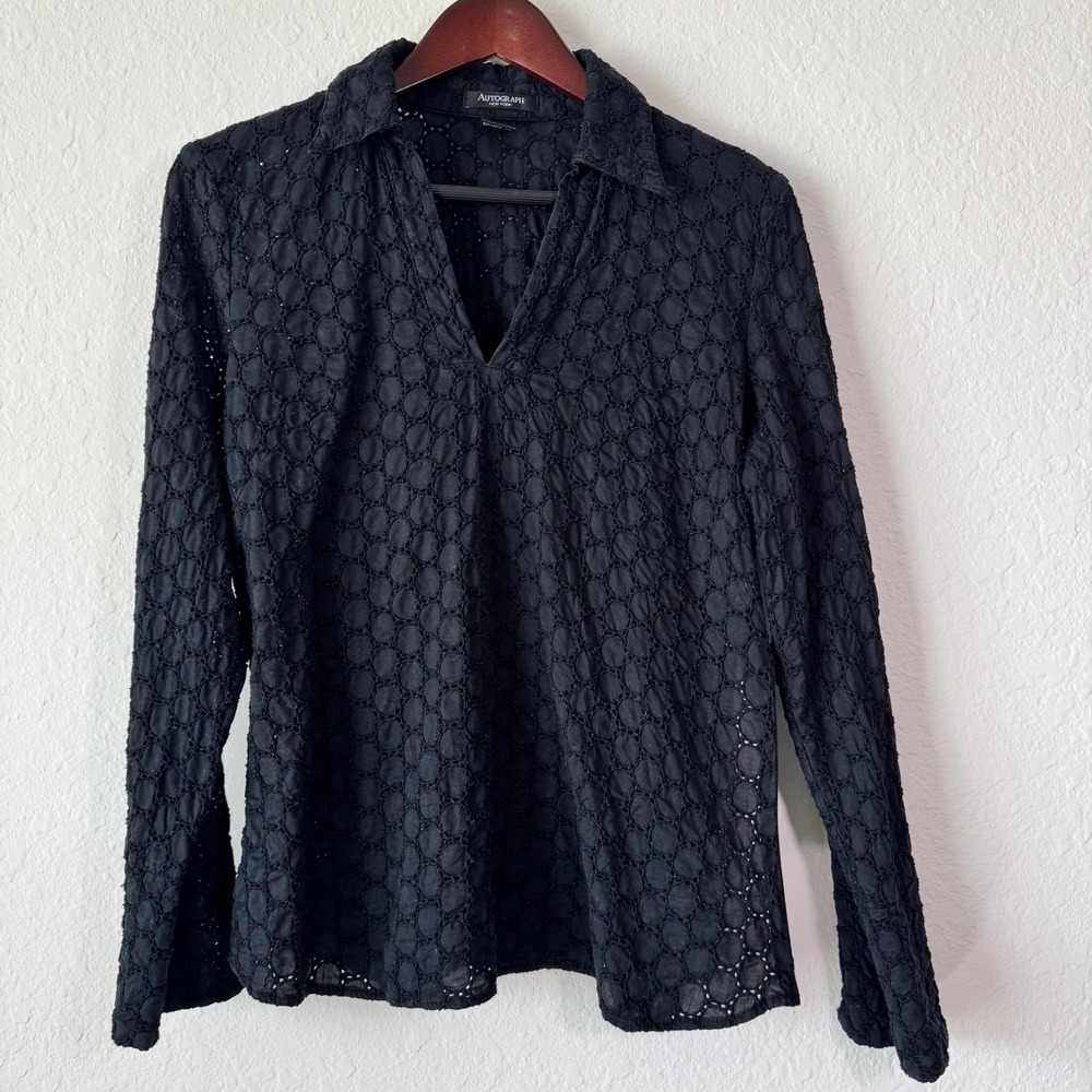 Autograph New York Black Eyelet Size M Cotton V-Neck Long Sleeve Blouse Side Zip